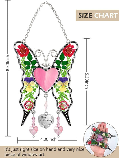 KY&BOSAM Heart Butterfly Suncatcher I Love You Grandma Stained Glass Panels Pink Heart for Windows Wind Chimes Metal Engraved Charm Gifts for Grandma Mothers Day Valentine's Birthday Christmas