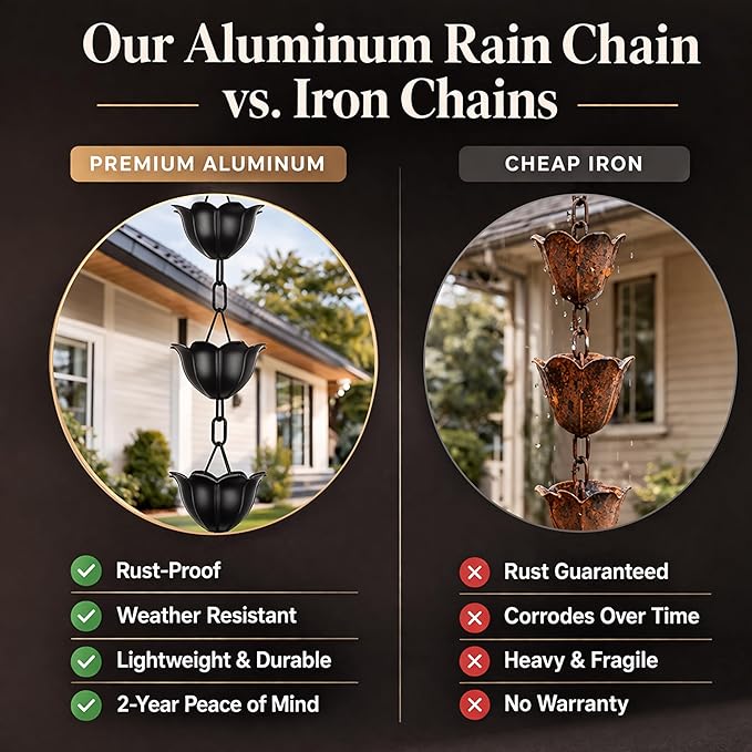 Gardzen Aluminum Rain Chain for Gutter, 8.5 Feet Decorative Rainchain with 13 Flower Cups, Heavy Duty Outside Rain Catcher for Eaves Drainage, Black