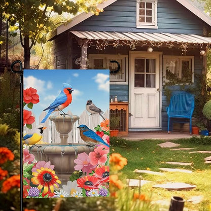 Summer Birdbath Gathering Garden Flag Birds Floral Yard Flag Double Side Polyester Colorful Flowers Garden Flags 12x18 Inch for Outdoor House Banner Decoration