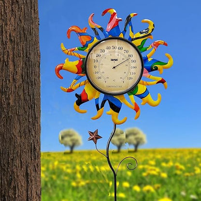 Metal Sun Thermometer Indoor Outdoor Ornament Wall Art Decor, Sun Plaque Sculpture Hanging Mounted for Living Room Bedroom Kitchen Patio for Home or Garden, No Battery Required (YELLOW SUN STAKE)