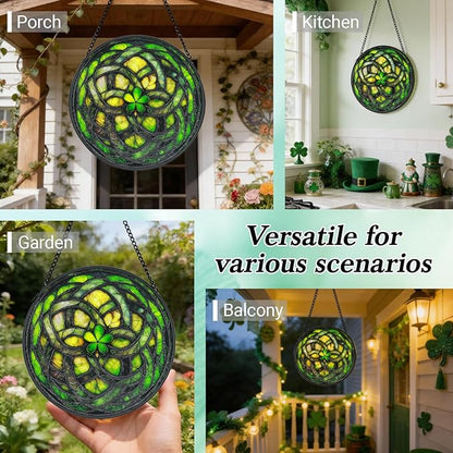 Stained Glass Windows Hanging - 6.3 Inch Shamrock Suncatcher, St Patricks Day Decorations for Window Home Door Wall Garden Outdoor and Mother's Day Birthday, Irish Gifts for Adults Women Men Mom