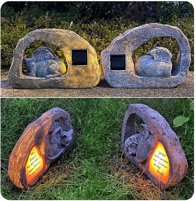Banax Solar Powered Cat Angel Pet Memorial Tombstone Statue, Cat Angel Memorial Statue Commemorates Our Lost Fur Baby, Pet Tribute for Tombstone or Outdoor Backyard Garden