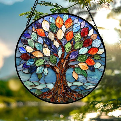 DASTOLL Stained Glass Window Hanging, Colorful Tree of Life Sun Catchers Glass Panel Blue Suncatcher Decor for Birthday for Women, Men, Wife, Aunt, and Mom 14.9x14.9 in