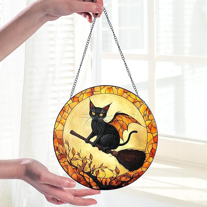 Black Cat Stained Glass Suncatcher, Halloween Cat Witch Window Hanging Decor, Pumpkin Spooky Suncatcher Decoration, Fall Season Home Outdoor Garden Decor Birthday Gifts for Women Witches Cats Lovers
