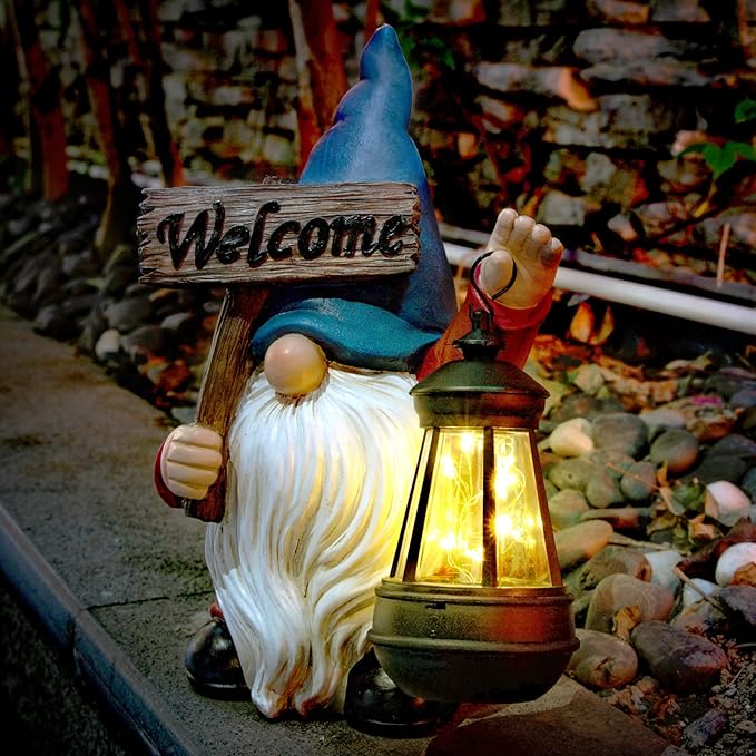 Garden Gnome Outdoor Decoration Solar Gnomes Statue with Lantern LED Lights,Terrace Courtyard Lawn Patio Porch Spring Decoration Easter Christmas Housewarming Gifts for Mom Women, Gnome Blue