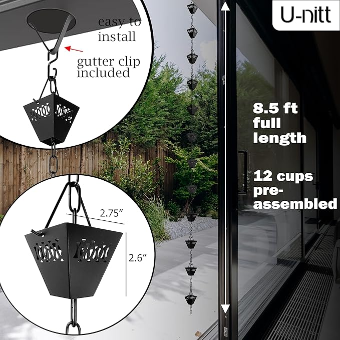 U-nitt Rain Chain Water Collection for Gutters, Rainwater Catcher & Diverter, 8.5 FT Chains for Outside Garden, Black Square Cups, Roof Downspout, Works with Heavy Rain, w/Gutter Clip for Rainchains