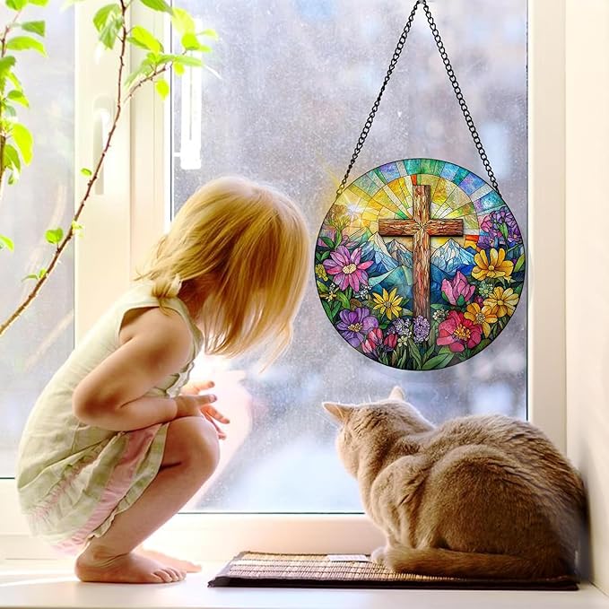 Bimkole Cross Stained Glass Suncatcher Window Hanging - Flowers Indoor Window or Doorway Decoration - Handmade Sun Catcher Decor for Garden Home Christmas & Birthday Gifts 7.87x7.87 Inch
