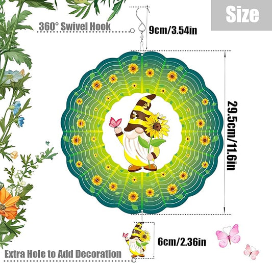 Sunflower Gnome Wind Spinners for Yard and Garden,12 Inch 3D Stainless Steel Hanging Kinetic Yard Art Wind Sculpture, Kinetic Art Garden Decor for Christmas Outdoor & Indoor