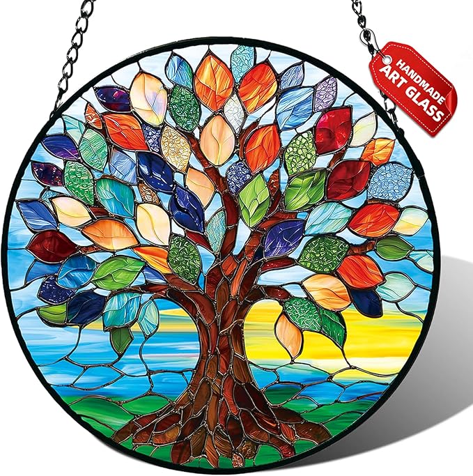 Stained Glass Window Hanging, Colorful Tree of Life Suncatcher for Door Home Decor, Glass Panel Sunrise Sun Catcher Ornament Mother's Day Birthday Gifts for Women Men Mom 7.8 in