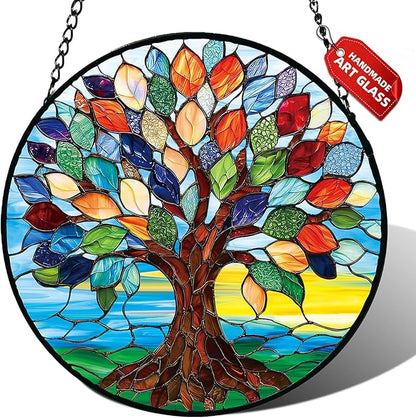 Stained Glass Window Hanging, Colorful Tree of Life Suncatcher for Door Home Decor, Glass Panel Sunrise Sun Catcher Ornament Mother's Day Birthday Gifts for Women Men Mom 6.3 in