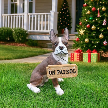 Playful French Bulldog Dog Sculpture with Solar Lantern & Double-Sided 'On Patrol' & 'Welcome' Signposts – Cute Resin Statue for Garden, Yard, Patio Decor