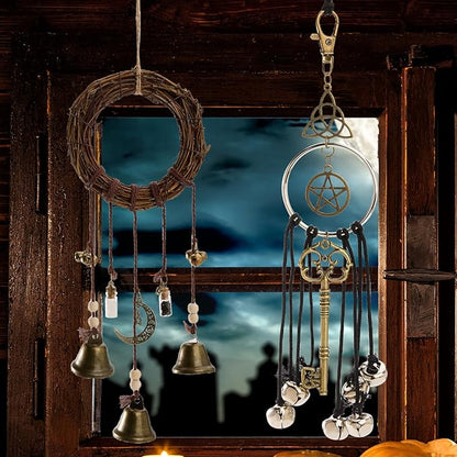 2 Pieces Witch Bells for Door Knob, Witch Wind Chimes Hanger Protection, Witchcraft Supplies Witchy Things, Magic Witching Bell Wreath Decor for Home Door Room (Black-New)