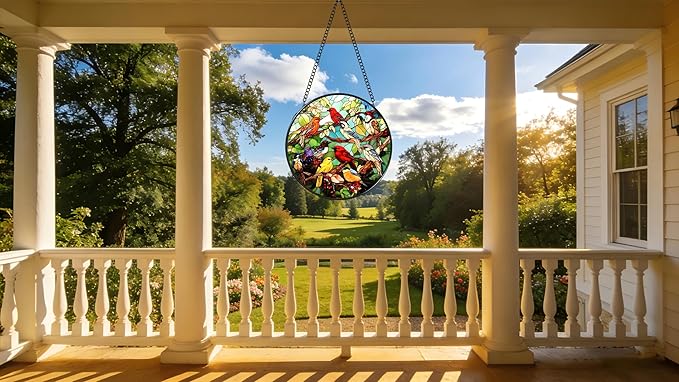 Funoasis Stained Glass Window Hanging 6.3" Suncatcher, Colorful Hummingbirds on Branch Sun Catcher, Home Wall Decor, Window Art Ornament, Birthday Gifts for Women, Mom, Grandma