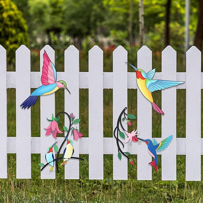 Seenelling 4 Pack Metal Hummingbird Wall Art Decor 3D Colorful Birds Outdoor Fence Decorations for Patio and Yard, Wall Sculpture Hanging Decor for Garden Living Room Balcony, Home Gift