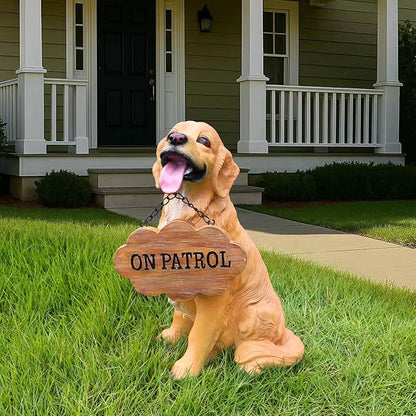 Adorable Golden Retriever Dog Sculpture with Solar-Powered Lantern & Charming 'On Patrol' & 'Welcome' Signposts - Outdoor Resin Statue for Garden, Patio, Yard Decor