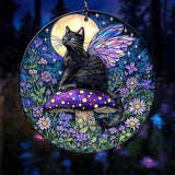 Black Cat Mushroom Moon Acrylic Suncatcher - Faux Handmade Stained Glass Window Hanging Ornament for Display, Home Decor & Gift Idea for Cat Lovers