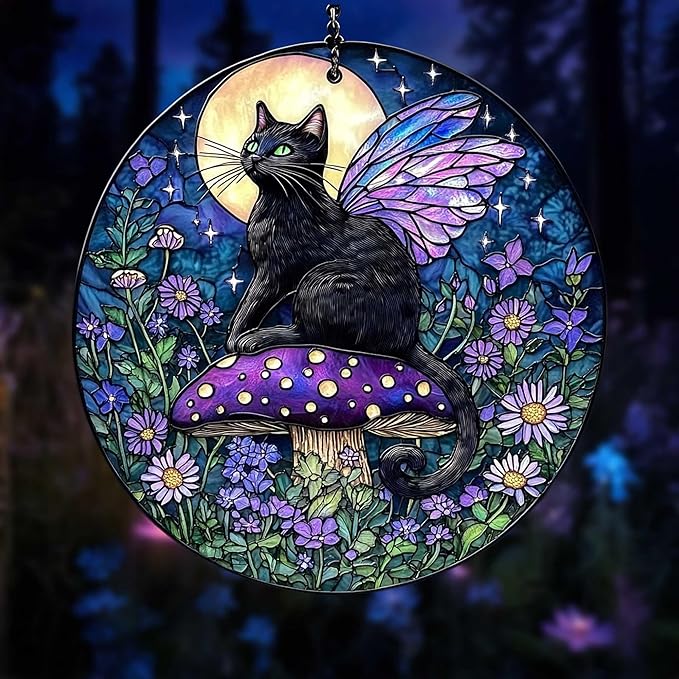Black Cat Mushroom Moon Acrylic Suncatcher - Faux Handmade Stained Glass Window Hanging Ornament for Display, Home Decor & Gift Idea for Cat Lovers