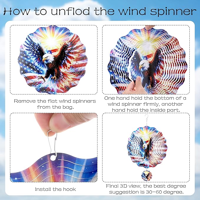 American Eagle Wind Spinner - 3D Flag Pattern Wind Spinners Outdoor Stainless Steel Kinetic Art Spinning Decor 12 Inch 250 Anniversary Hanging Ornaments for Patio Lawn Garden Yard Balcony
