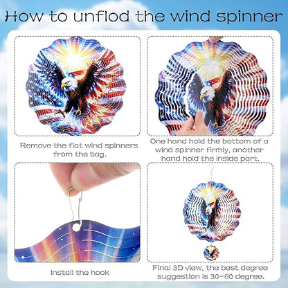 American Eagle Wind Spinner - 3D Flag Pattern Wind Spinners Outdoor Stainless Steel Kinetic Art Spinning Decor 12 Inch 250 Anniversary Hanging Ornaments for Patio Lawn Garden Yard Balcony