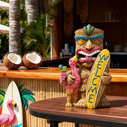 Solar Tiki Statue Outdoor Decor - Tiki Surfboard Welcome Sign Flamingo Waterproof Figurines for Tiki Bar,Patio,Balcony,Yard,Lawn Decorations,Gardening Gift for Tiki Lover