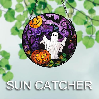Stained Glass Window Hanging Halloween White Ghost Black Bat 11.8" - Suncatcher Door Garden Sunroom Horror Pumpkin Sun Catcher Birthday for Friend Mom Men Woman Nana