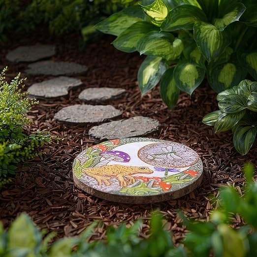 Hapjoy Stepping Stones Outdoor for Garden Moon Frog Mushroom Butterfly Decorative Stepping Stones Walkway Round Stone Garden Decor for Pathway Lawn (Yellow)