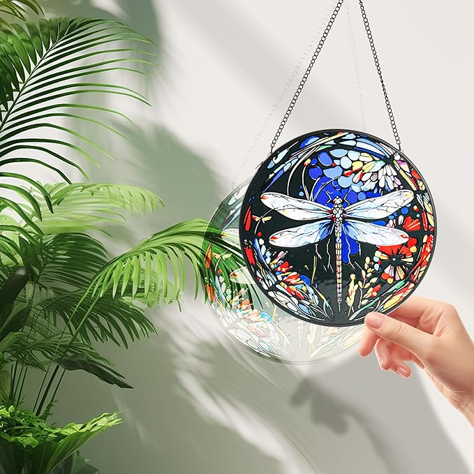 Stained Glass Window Hanging - Dragonfly Suncatcher for Door Terrace Garden Kitchen Home Decor, Sun Catchers Decoration for Christmas, Mother's Day and Birthday Gifts for Women, Men, and Mom 9.8 in