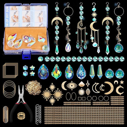 DIY Suncatcher Making Kits, 200 pcs Gold Crystal Sun Catchers Crafts with Hooks Chains Pendants Rainbow Maker for Window Hanging Prism Indoor Outdoor Garden Party Decor