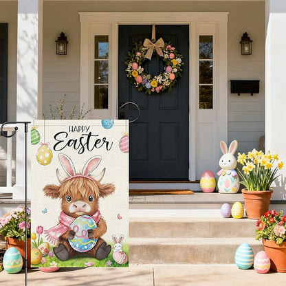 Heyfibro Happy Easter Highland Cow Bunny Garden Flag 12x18 Double Sided Burlap, Cute Cow with Bunny Ears & Easter Egg Yard Banner for Spring Holiday Farmhouse Yard Outdoor Decor(ONLY FLAG)