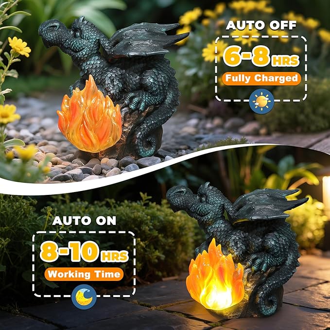 Solar Dragon Garden Decor, Porch Dragon Statue with Fiery Light - 6.8 inch Lawn Ornaments, Outdoor Decorative Art Gift for Patio, Yard, Backyard, Porch