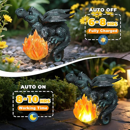 Solar Dragon Garden Decor, Porch Dragon Statue with Fiery Light - 6.8 inch Lawn Ornaments, Outdoor Decorative Art Gift for Patio, Yard, Backyard, Porch