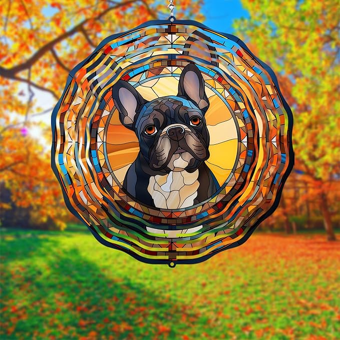 French Bulldog Wind Spinner Pet Dog Memorial Gifts, Vibrant 3D Kinetic Metal Hanging Outdoor Garden Decor, Frenchie Gifts for Dog Lovers, 8" Wind Sculptures for Patio, Porch, Yard Art (Frenchie 6)