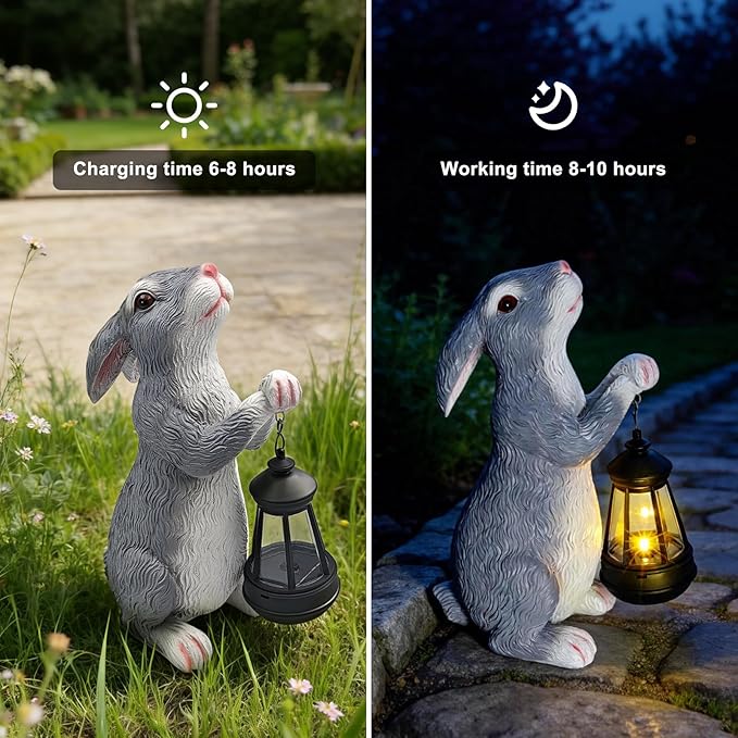11.8 Inch Bunny Solar Garden Statue, Easter Rabbit Figurine with Glowing Lantern, Handcrafted Resin Outdoor Decor for Patio, Balcony, Yard, Gift for Women, Housewarming, Birthday, Easter Party Decor