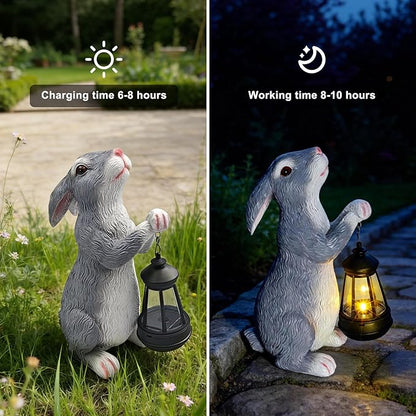 11.8 Inch Bunny Solar Garden Statue, Easter Rabbit Figurine with Glowing Lantern, Handcrafted Resin Outdoor Decor for Patio, Balcony, Yard, Gift for Women, Housewarming, Birthday, Easter Party Decor
