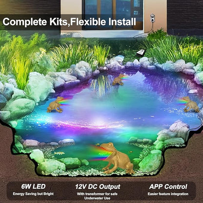 Pond Light with APP, 6W Frog Fountain Light led Underwater with 12V Transformer, IP68 Waterproof Underwater Pond Lights with Long Cable for Ponds Waterfall Fountain Water Feature, 4 SpotLights