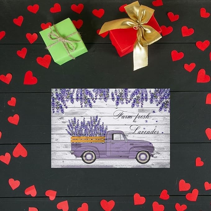 Flowers Metal Poster, Country Rustic Tin Sign, Farm Fresh Lavender Truck, Yard Garage Farm Outside Garden Wall Decor Plaque Outdoor for Home Fence 8 X 12 Inch