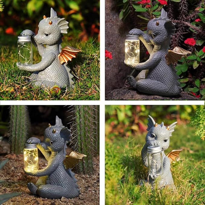 DiliComing Solar Dragon Garden Statues - Cute Dragon Baby Holding a Solar Jar, Outdoor Lawn Décor for Garden Yard, Balcony and Home, for Women