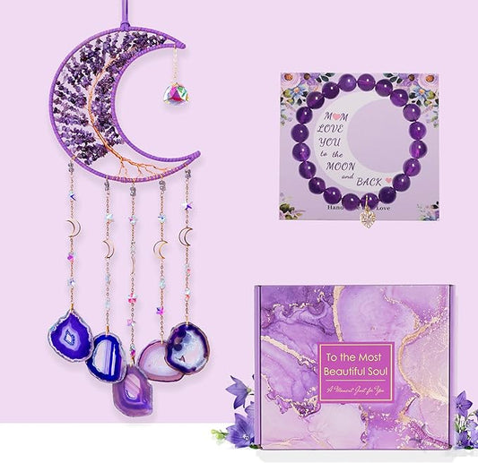 Amethyst Wind Chimes with Bracelet, 26” Amethyst Crystal Suncatcher, Heartfelt Wind Chime for Mom, Mother Birthday Gifts, Mom Gifts