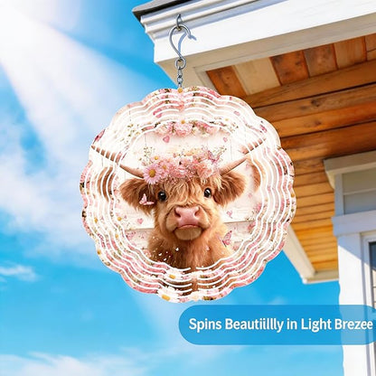Wind Spinners Cute Cow Floral Crown Art 9.8 x 9.8 Inch Metal Wind Spinner Outdoor Garden Decor Soft Farm Illustration Decorative Wind Spinners for Yard Patio