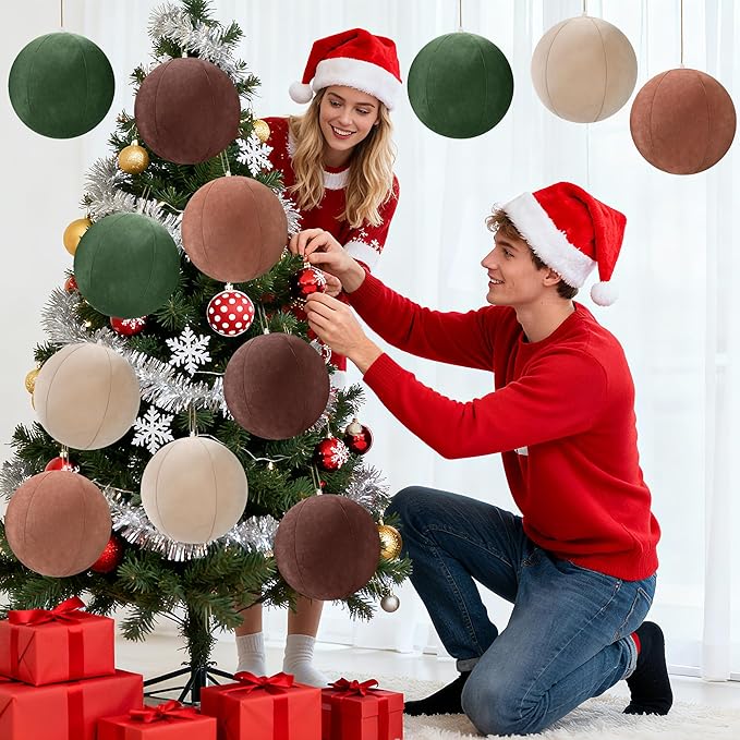 12 PCS 8 Inch Large Christmas Inflatable Ball, Outdoor Hanging Ornament Velvet Xmas Balls with 4 Colors, Neutral Christmas Decoration Ball for Yard Lawns Porch Garden Front Door Holiday Decor