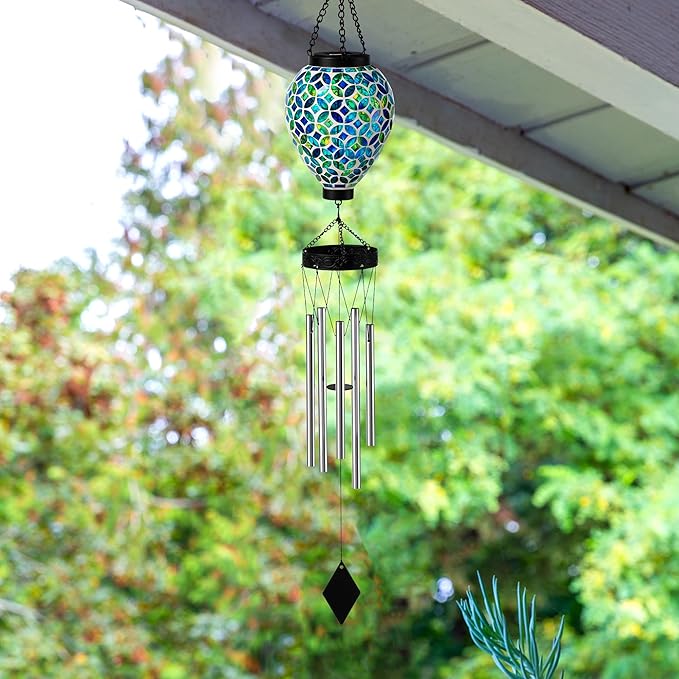 Glitzhome 26" H Garden Wind Chimes Outdoor, Solar LED Outdoor Garden Lighting with Unique Memorial Sympathy, Solar Hanging Glass Ball Wind Chimes for Patio, Garden, Outdoor Home Decor