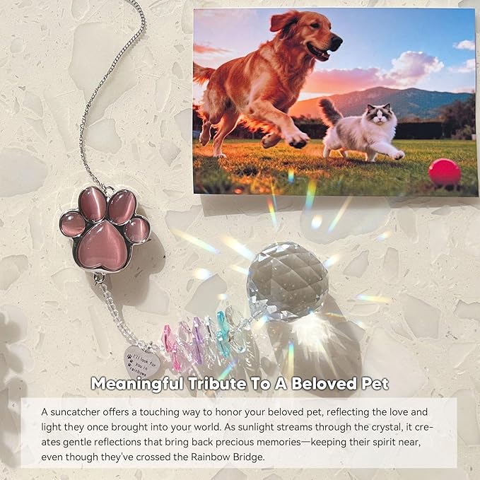 Dog Memorial Gifts for Loss of Dog, Pet Memorial Gifts for Dogs, Thoughtful Bereavement Remembrance Crystal Suncatcher with Sympathy Card (Purple Red)