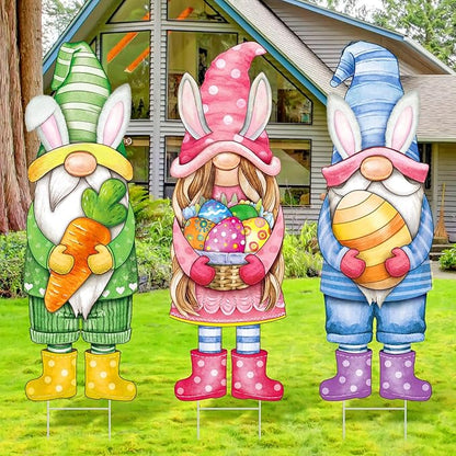 Umigy 3 Pcs Easter Yard Sign Gnome Outdoor Sign with Stakes 32 x 10 Inch Gnome Lawn Decor Easter Yard Lawn Decor for Home Pathway Walkway