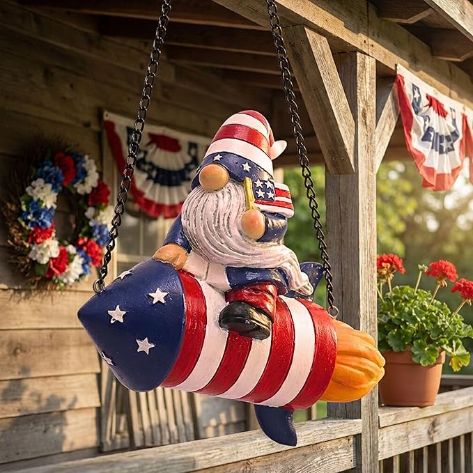 TERESA'S COLLECTIONS 4th of July Gnome Rocket Decorations, Memorial Day Hanging Ornament for Home, USA 250th Anniversary Patriotic Resin Independence Day Gift for Women, Indoor Outdoor Wall Decor 8"