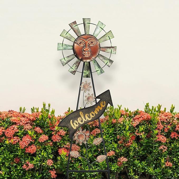 TERESA'S Collections Garden Decor with Solar Outdoor Lights, Wind Spinner Yard Art Sign for Outside, 37'' Bronze Metal Sun Face Windmill Decorative Garden Stake for Lawn Ornaments, Gifts for Mom