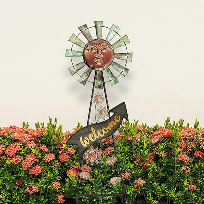 TERESA'S Collections Garden Decor with Solar Outdoor Lights, Wind Spinner Yard Art Sign for Outside, 37'' Bronze Metal Sun Face Windmill Decorative Garden Stake for Lawn Ornaments, Gifts for Mom