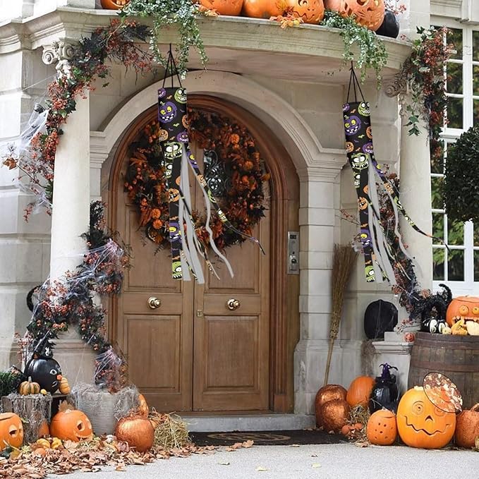 Halloween Pumpkin Windsock Outdoor Hanging Durable Easy to Assemble Polyester Fabric Front Home Garden Yard Patio Balcony Christmas Decoration (Red)
