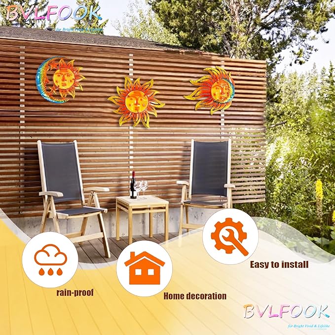 Metal Sun Wall Art Decor,12 Inch Retro Hanging Decor With Glass,Sun Moon Star Valentine Wall Decorations For Patio Yard Garden Fence Living Room Bedroom, Set of 3