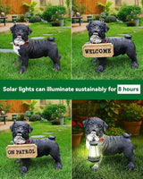 Black Pug Front-Door Greeter with Solar Lantern & Double-Sided Sign, Standing Pug Yard Statue for Planters, Walkways & Porch Seating