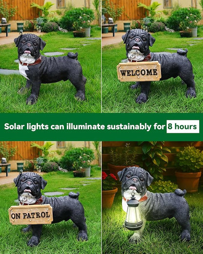 Black Pug Front-Door Greeter with Solar Lantern & Double-Sided Sign, Standing Pug Yard Statue for Planters, Walkways & Porch Seating